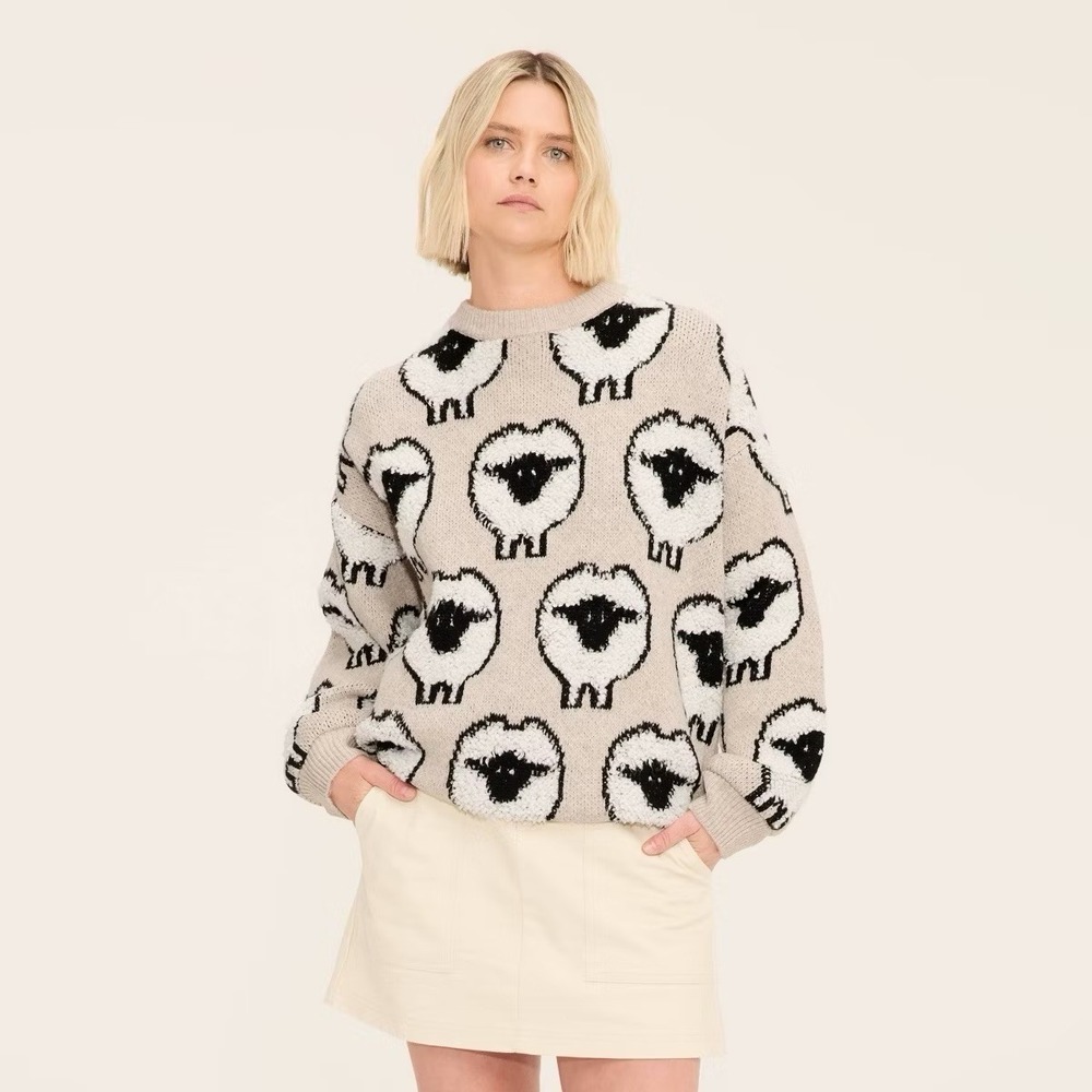 Woolrich Sheep Intarsia Knit Sweater Mens‎ Womens M Beige Novelty Print